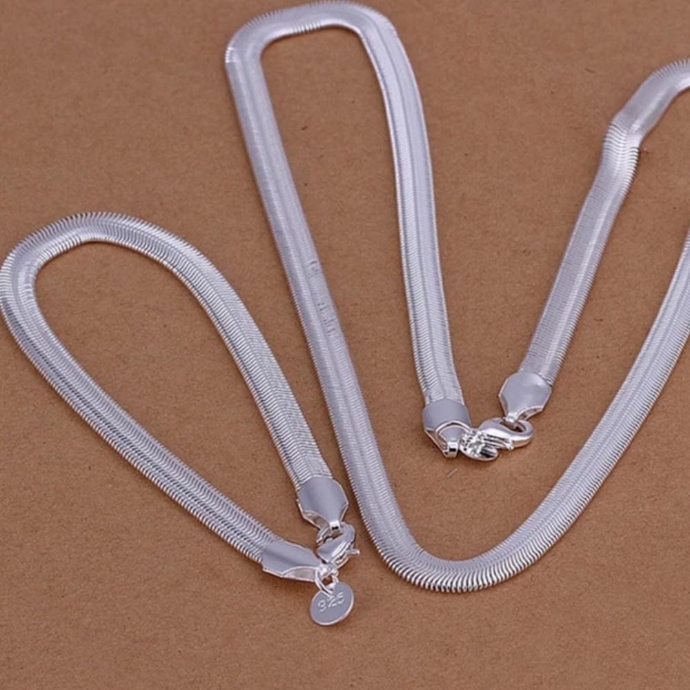 Sterling Silver Flat Snake Chain Necklace Matching Bracelet Set